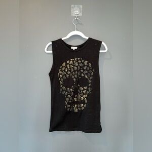 Black Kirra Cut Off Tank Top with Gold Skull, XS